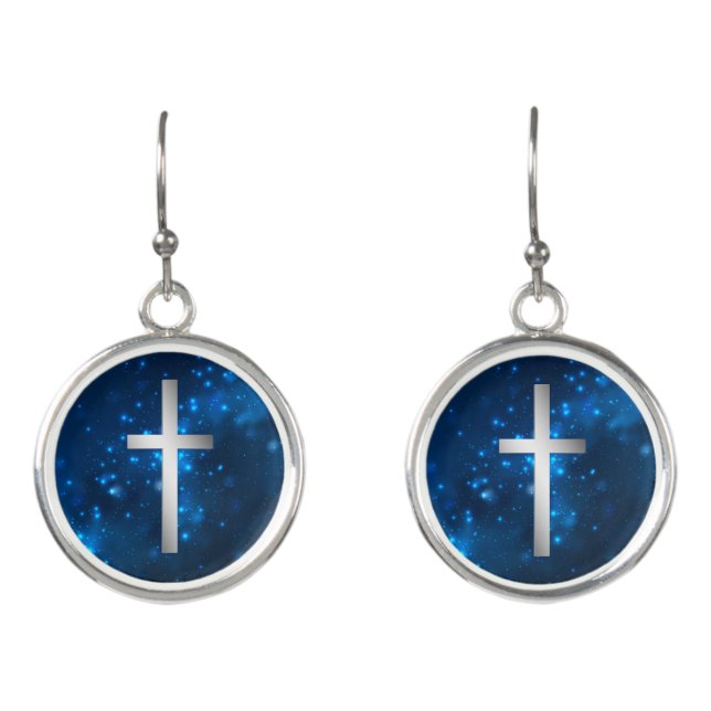 Blue Sparkle Lights Silver Christian Cross Earrings (Front)