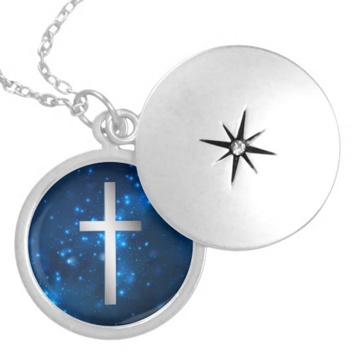 Blue Sparkle Lights Silver Christian Cross Locket Necklace
