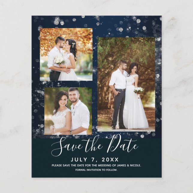 Blue Sparkle Lights Wedding Photo Save the Date (Front)