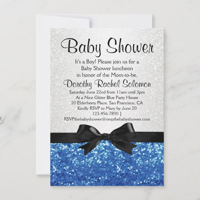 Blue Sparkle-look Bow Boy's Baby Shower Invitation (Front)