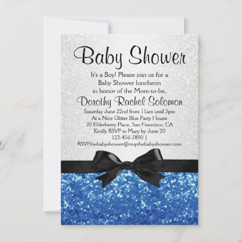 Blue Sparkle-look Bow Boy's Baby Shower Invite