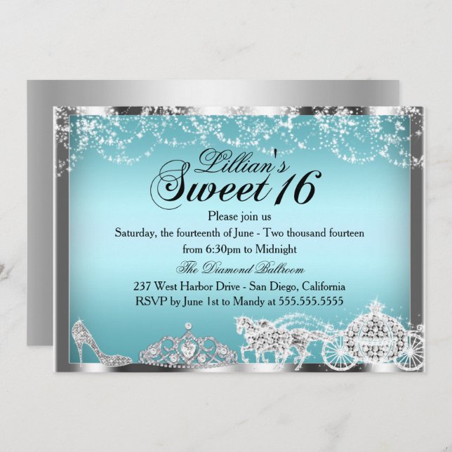 Blue Sparkle Princess Theme Sweet 16 Invite (Front/Back)