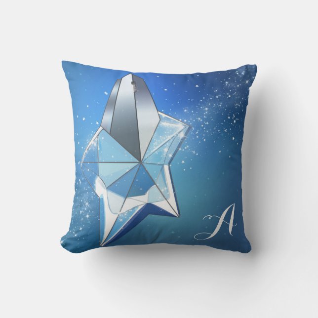 Blue Sparkle Star Perfume Bottle Glam Throw Pillow (Front)