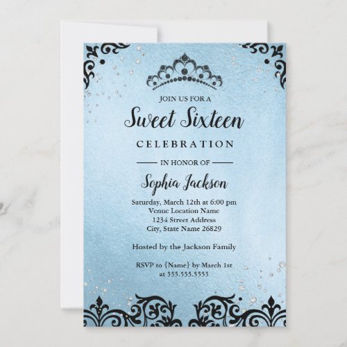 Blue Sparkle Tiara Damask Sweet Sixteen Invitation