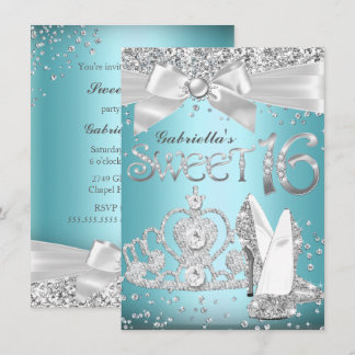 Blue Sparkle Tiara & Heels Sweet 16 Invite