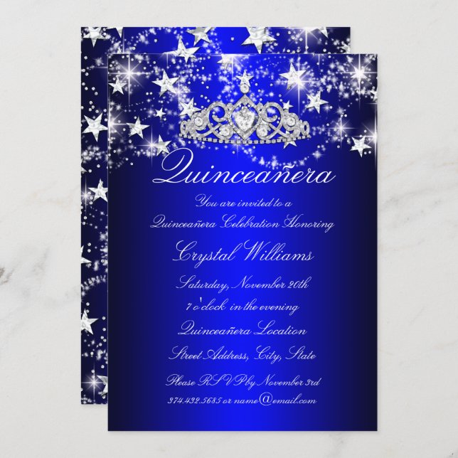 Blue Sparkle Tiara & Stars Quinceanera Invitation (Front/Back)