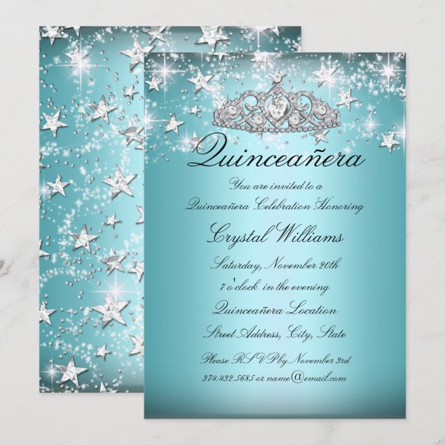 Blue Sparkle Tiara Stars Quinceanera Invite (Front/Back)