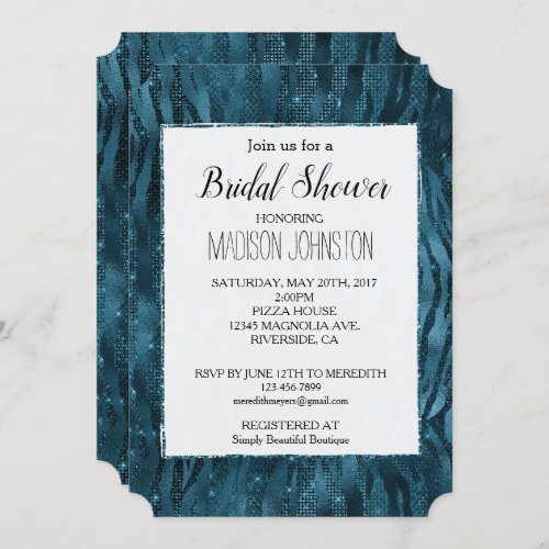 Blue Sparkle Zebra Print Bridal Shower Invitation