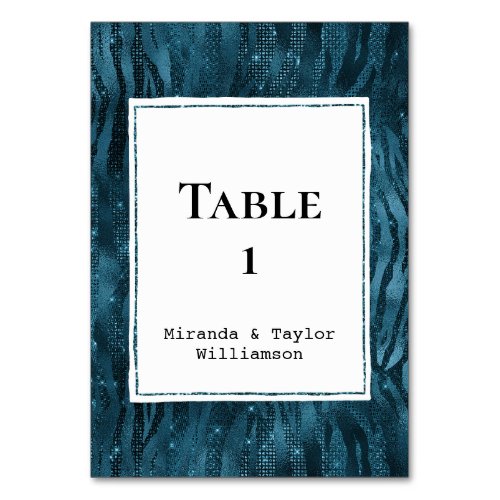Blue Sparkle Zebra Print Table Number
