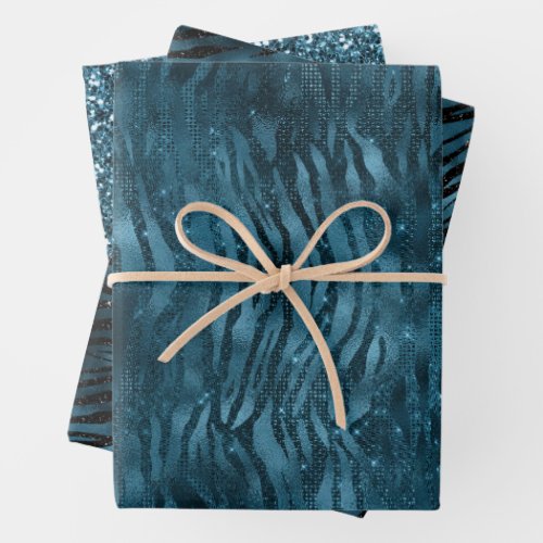 Blue Sparkle Zebra Print Wrapping Paper Sheets