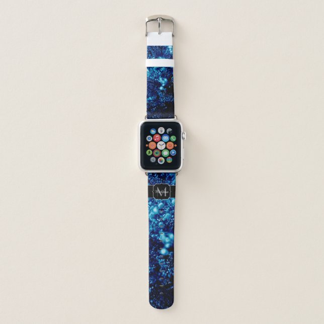 Blue sparkles Abstract Frozen bubbles Monogram Apple Watch Band (Front)