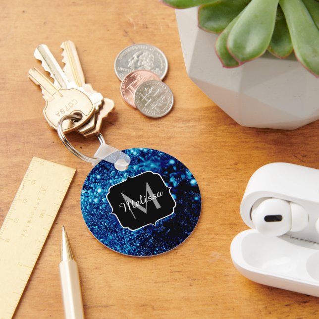 Blue sparkles Abstract Frozen bubbles Monogram Keychain (Desk)