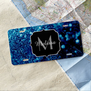 Blue sparkles Abstract Frozen bubbles Monogram License Plate