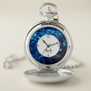 Blue sparkles Abstract Frozen bubbles Monogram Pocket Watch