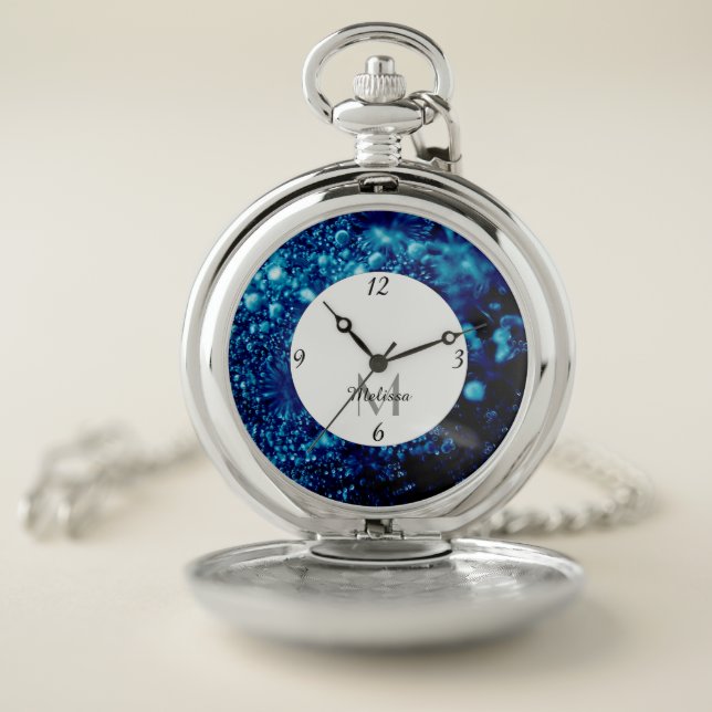Blue sparkles Abstract Frozen bubbles Monogram Pocket Watch (Inside)