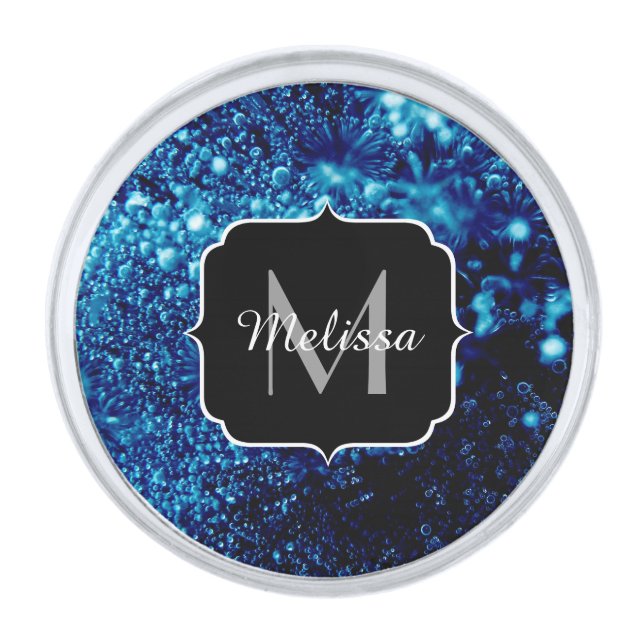 Blue sparkles Abstract Frozen bubbles Monogram Silver Finish Lapel Pin (Front)
