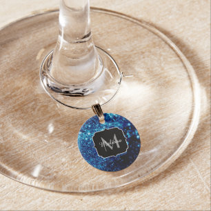 Blue sparkles Abstract Frozen bubbles Monogram Wine Charm