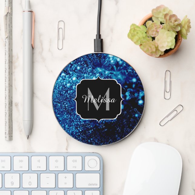 Blue sparkles Abstract Frozen bubbles Monogram Wireless Charger (Desk)