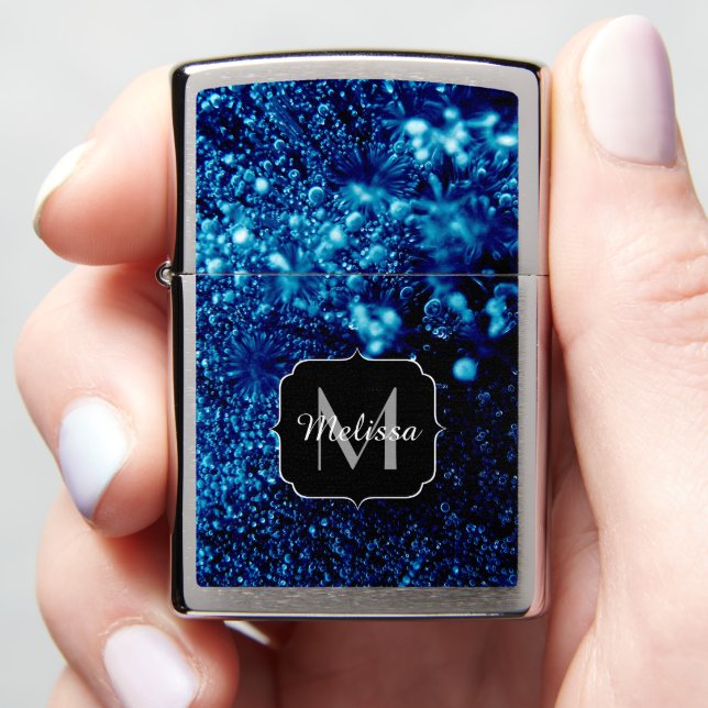 Blue sparkles Abstract Frozen bubbles Monogram Zippo Lighter (In Hand)