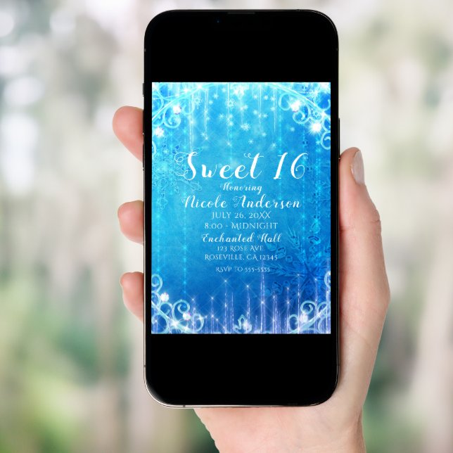 Blue Sparkling Frozen Ice Sweet 16 Birthday Party Invitation (Front Digital)