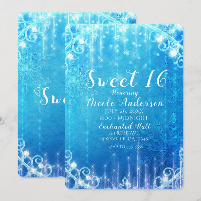 Blue Sparkling Frozen Ice Sweet 16 Birthday Party Invitation (Front/Back)