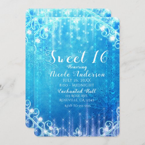 Blue Sparkling Frozen Ice Sweet 16 Birthday Party Invitation