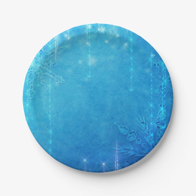 Blue Sparkling Frozen Ice Winter Bridal Shower Paper Plates (Front)