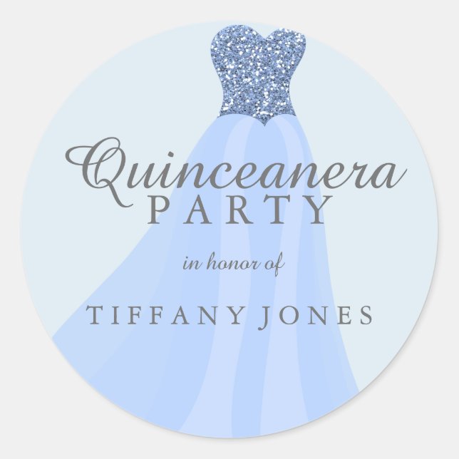 Blue Sparkling Glitter Gown Quinceanera Party Classic Round Sticker (Front)