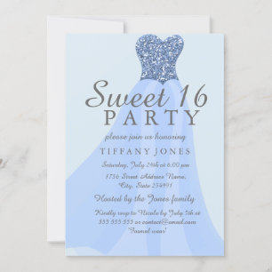 Blue Sparkling Glitter Gown Sweet 16 Invite