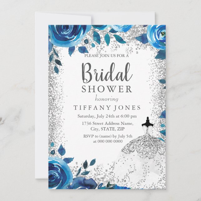 Blue sparkling Glitter Silver Bridal Shower Invite (Front)