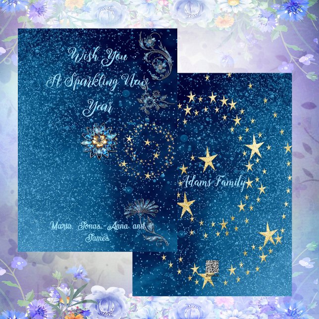 Blue Sparkling New Year Glitter Cheer Stars Floral Holiday Card (Blue Sparkling New Year Glitter Cheer Stars Floral Holiday Card)