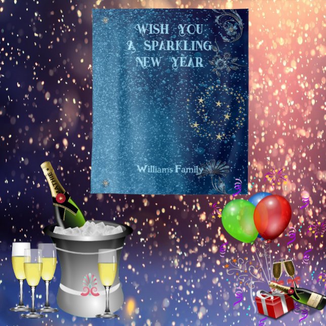 Blue Sparkling New Year Glitter Cheer Stars Floral Tapestry (Blue Sparkling New Year Glitter Cheer Stars Floral Tapestry)