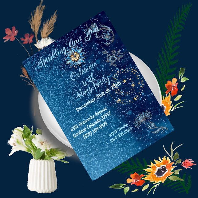 Blue Sparkling New Year Glitter Stars Floral Party Invitation (Blue Sparkling New Year Glitter Stars Floral Party Invitation)