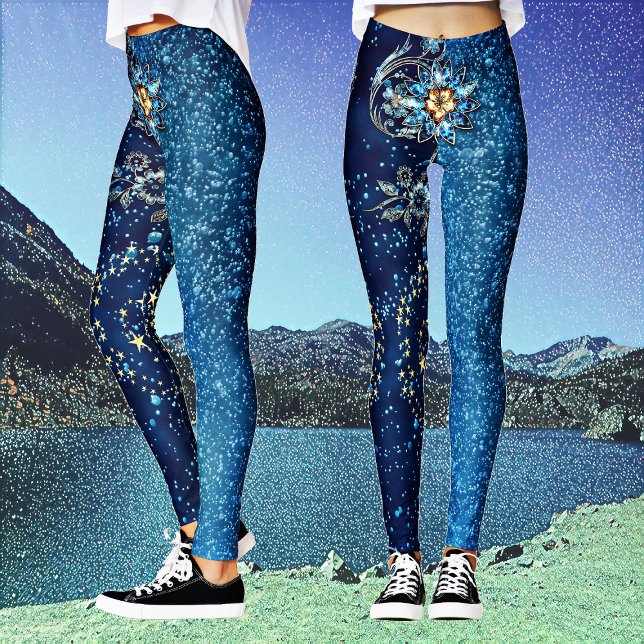 Blue Sparkling New Year Glitter Stars Floral Party Leggings (Blue Sparkling New Year Glitter Stars Floral Party Leggings)