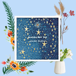 Blue Sparkling New Year Glitter Stars Floral Party Napkins
