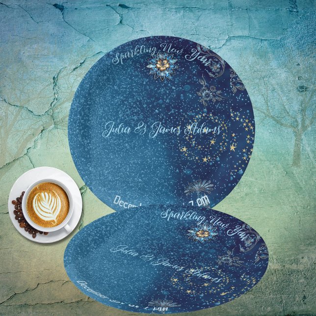 Blue Sparkling New Year Glitter Stars Floral Party Paper Plates (Blue Sparkling New Year Glitter Stars Floral Party Paper Plates)