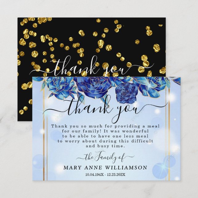 Blue Sparkly Elegant Funeral Food Thank You Card (Front/Back)
