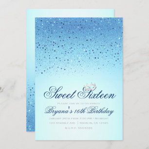 Blue Sparkly Glitter Crown Sweet 16 Birthday Party Invitation