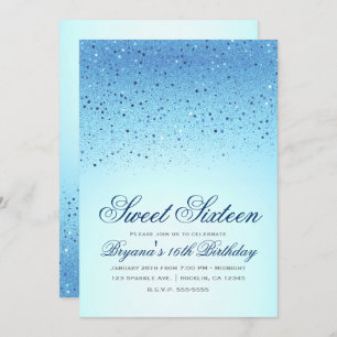 Blue Sparkly Glitter Sweet 16 Birthday Party Invitation