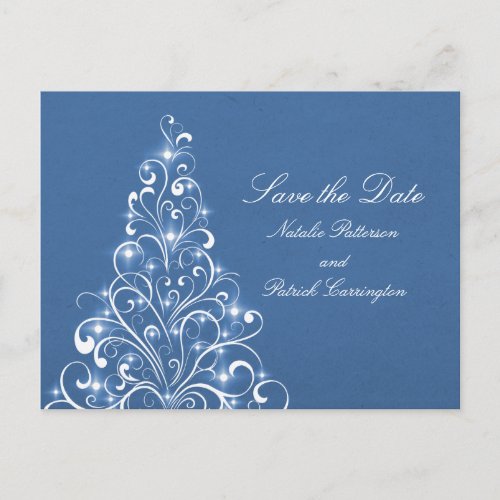 Blue Sparkly Holiday Tree Save the Date Postcard