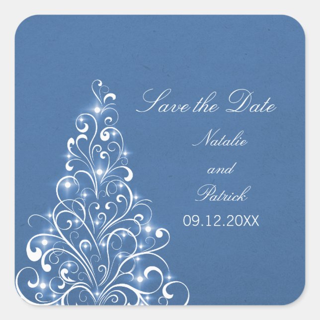 Blue Sparkly Holiday Tree Save the Date Stickers (Front)
