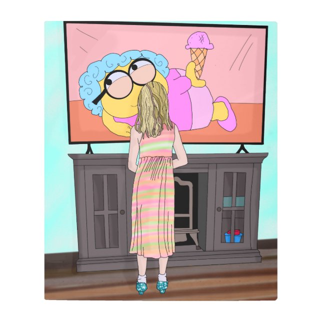 Blue Sparkly Shoes | Little Girl Watching Tv Metal Print (Front)