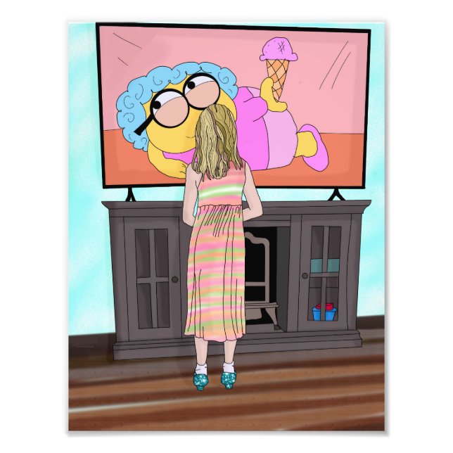 Blue Sparkly Shoes | Little Girl Watching Tv Photo Print (Front)
