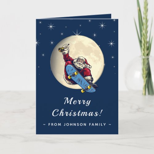 Blue Sparkly Sky Moon  Skating Santa Skater Bell Card