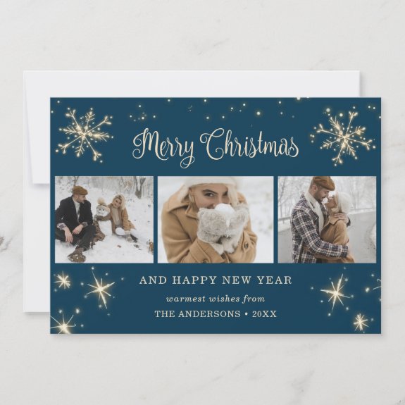 Blue Sparkly Snowflake Photo Christmas Cards