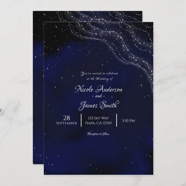 Blue Sparkly Starry Night Sky Wedding Invitation | Zazzle