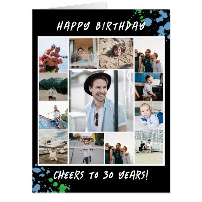 Blue Spatter Photo Collage Happy Birthday Big Card (Front)