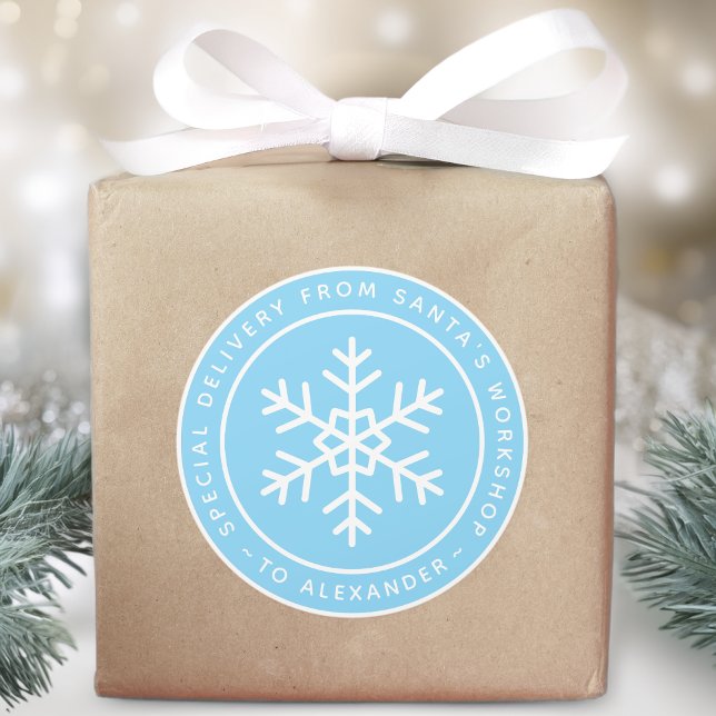 Blue Special Delivery from Santa to Name Snowflake Classic Round Sticker (Creator Uploaded)