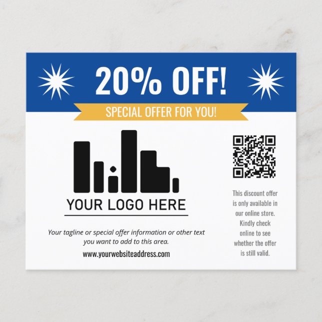 Blue Special Offer Discount Your Logo & QR Code Flyer (Front)