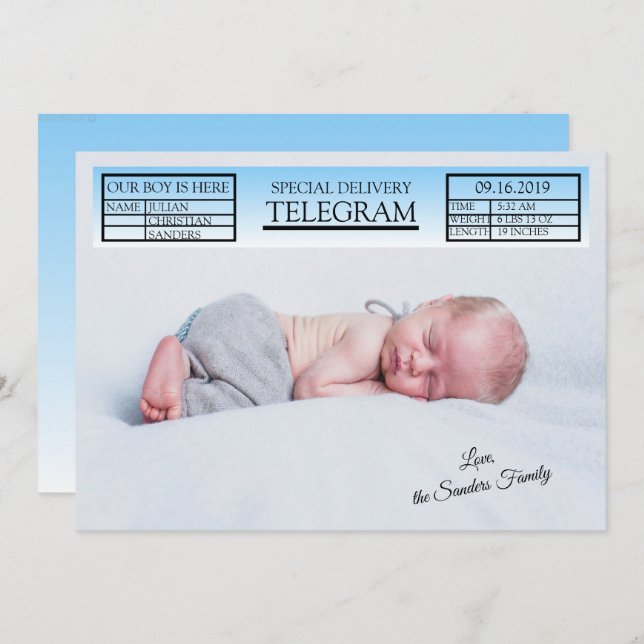 Blue Special Telegram Birth Announcement For Boy (Front/Back)